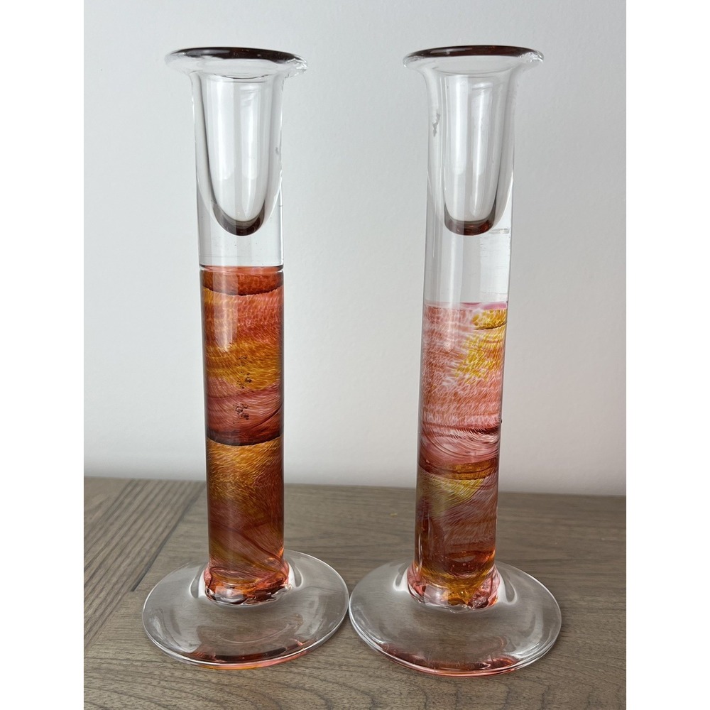 Pair Hand Blown Art Glass Candle Holders Swirl Amber Orange Red Tall Stem Decor